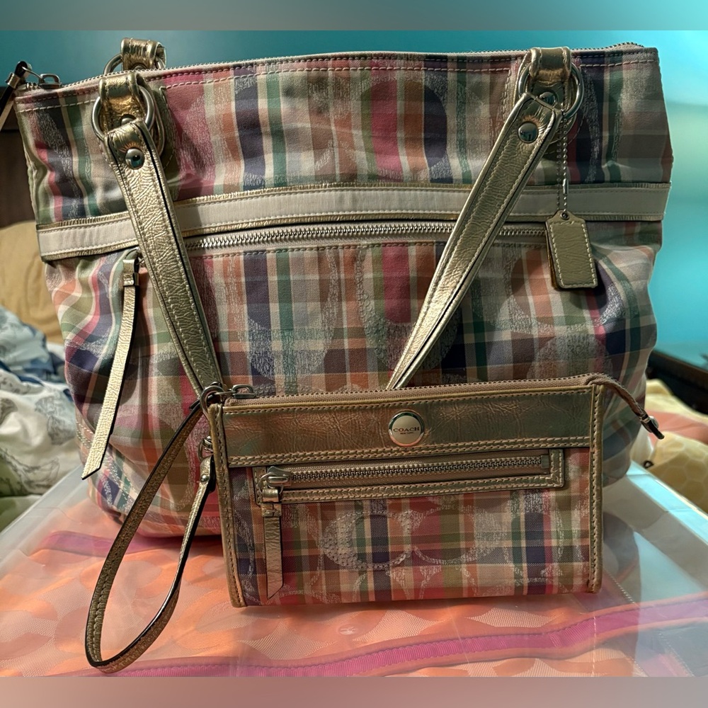 Coach Poppy Multicolor Madras Plaid Glam Shoulder Bag W/ Matching Wallet